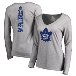 Women's Fanatics Branded Auston Matthews Gray Toronto Maple Leafs Backer Name & Number V-Neck Long Sleeve T-Shirt