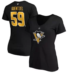 Women's Fanatics Branded Jake Guentzel Black Pittsburgh Penguins Team Authentic Stack Name & Number V-Neck T-Shirt