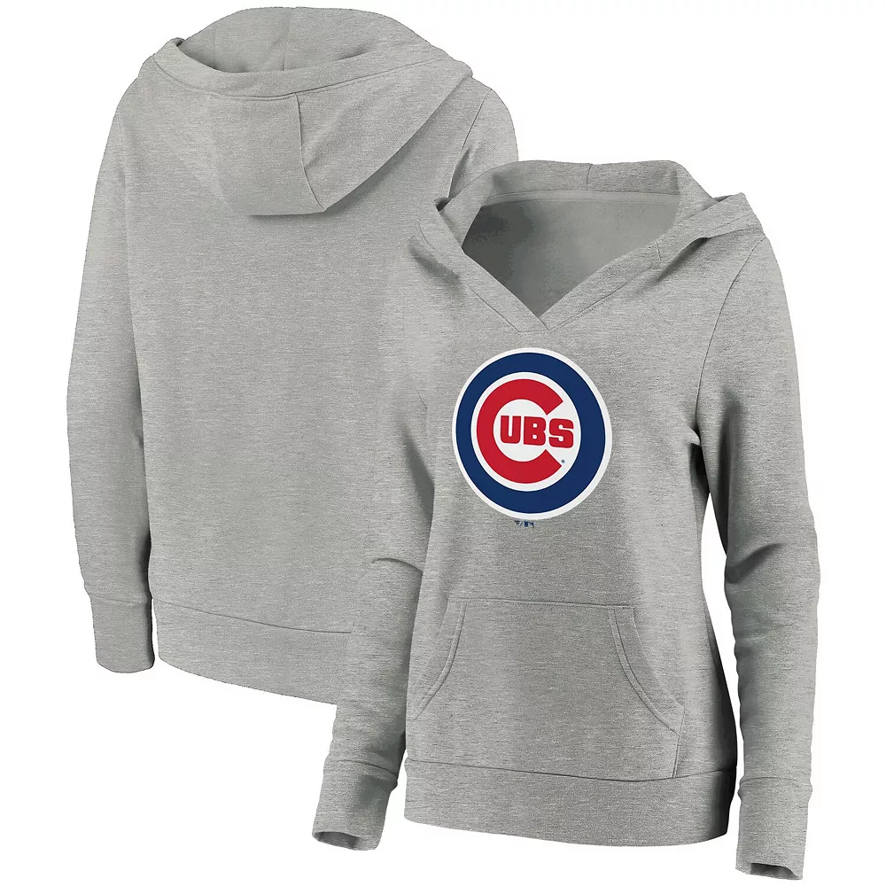 Women's Fanatics Branded Heathered Gray Chicago Cubs Official Logo Crossover V-Neck Pullover Hoodie 3 Women's Fanatics Branded Heathered Gray Chicago Cubs Official Logo Crossover V-Neck Pullover Hoodie