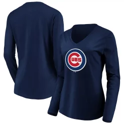 Women's Fanatics Branded Navy Chicago Cubs Official Logo Long Sleeve V-Neck T-Shirt -Fanatics Clothing Shop 4443393 ALT