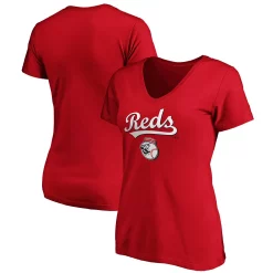 Women's Fanatics Branded Red Cincinnati Reds Team Logo Lockup V-Neck T-Shirt
