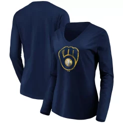 Women's Fanatics Branded Navy Milwaukee Brewers Core Team Long Sleeve V-Neck T-Shirt