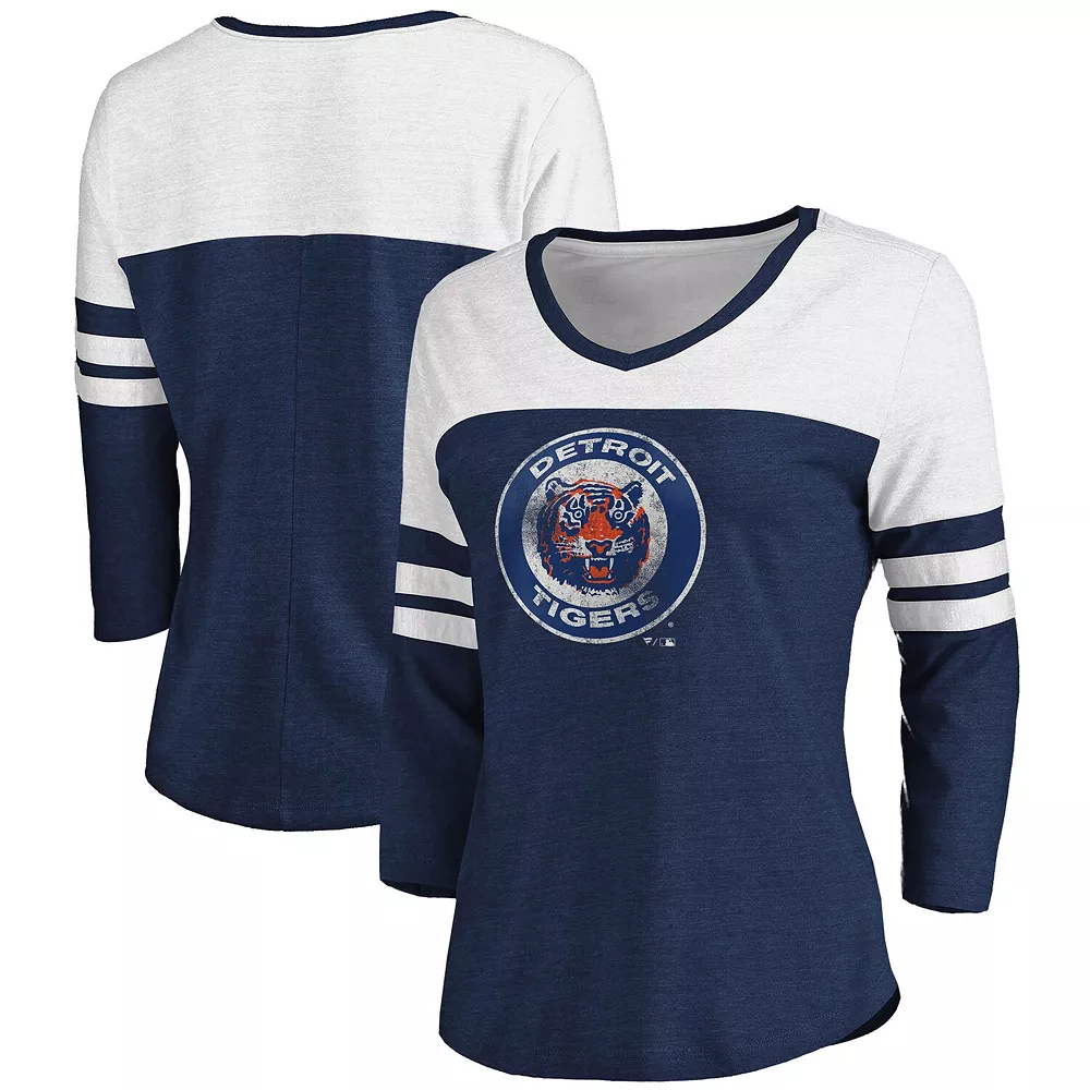 Women's Fanatics Branded Heathered Navy/White Detroit Tigers Two-Toned Distressed Cooperstown Collection Tri-Blend 3/4-Sleeve V-Neck T-Shirt 4 Women's Fanatics Branded Heathered Navy/White Detroit Tigers Two-Toned Distressed Cooperstown Collection Tri-Blend 3/4-Sleeve V-Neck T-Shirt - Image 2