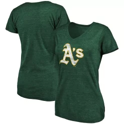 Women's Fanatics Branded Heathered Green Oakland Athletics Core Weathered Tri-Blend V-Neck T-Shirt