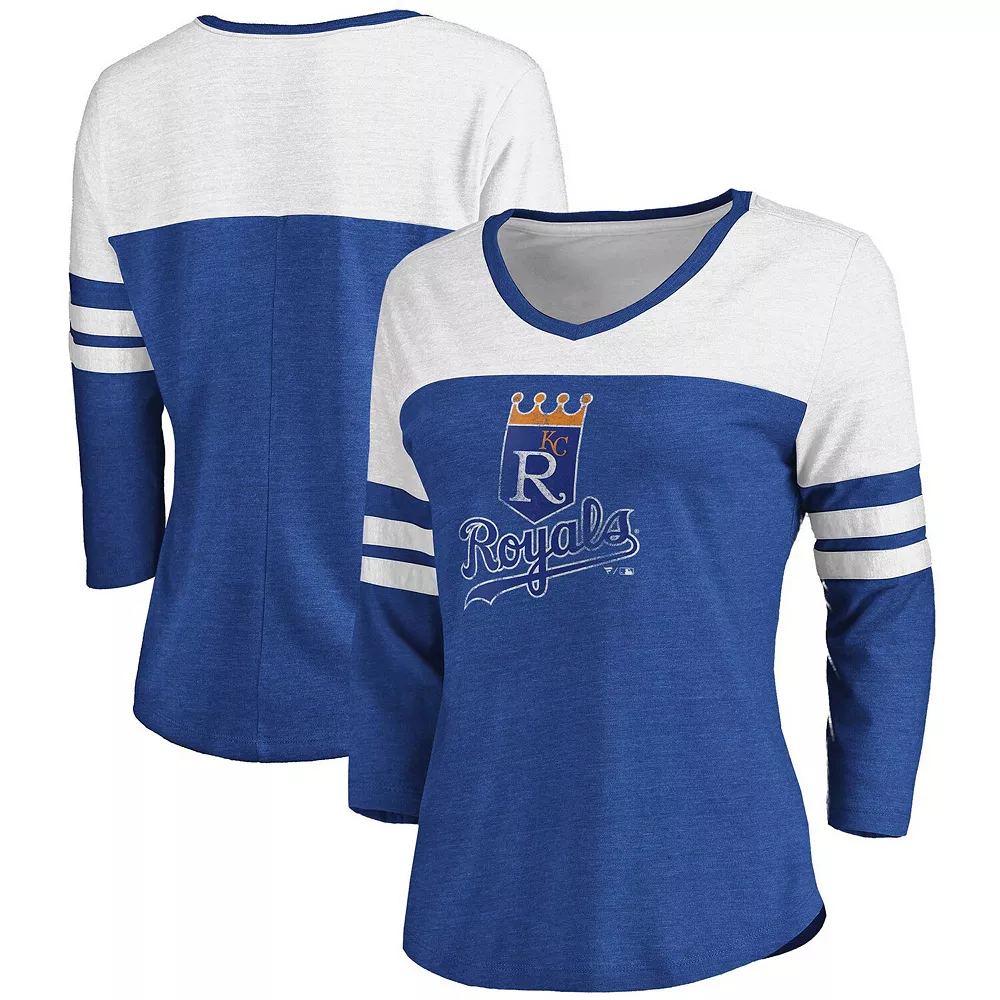 Women's Fanatics Branded Heathered Royal/White Kansas City Royals Two-Toned Distressed Cooperstown Collection Tri-Blend 3/4-Sleeve V-Neck T-Shirt 3 Women's Fanatics Branded Heathered Royal/White Kansas City Royals Two-Toned Distressed Cooperstown Collection Tri-Blend 3/4-Sleeve V-Neck T-Shirt