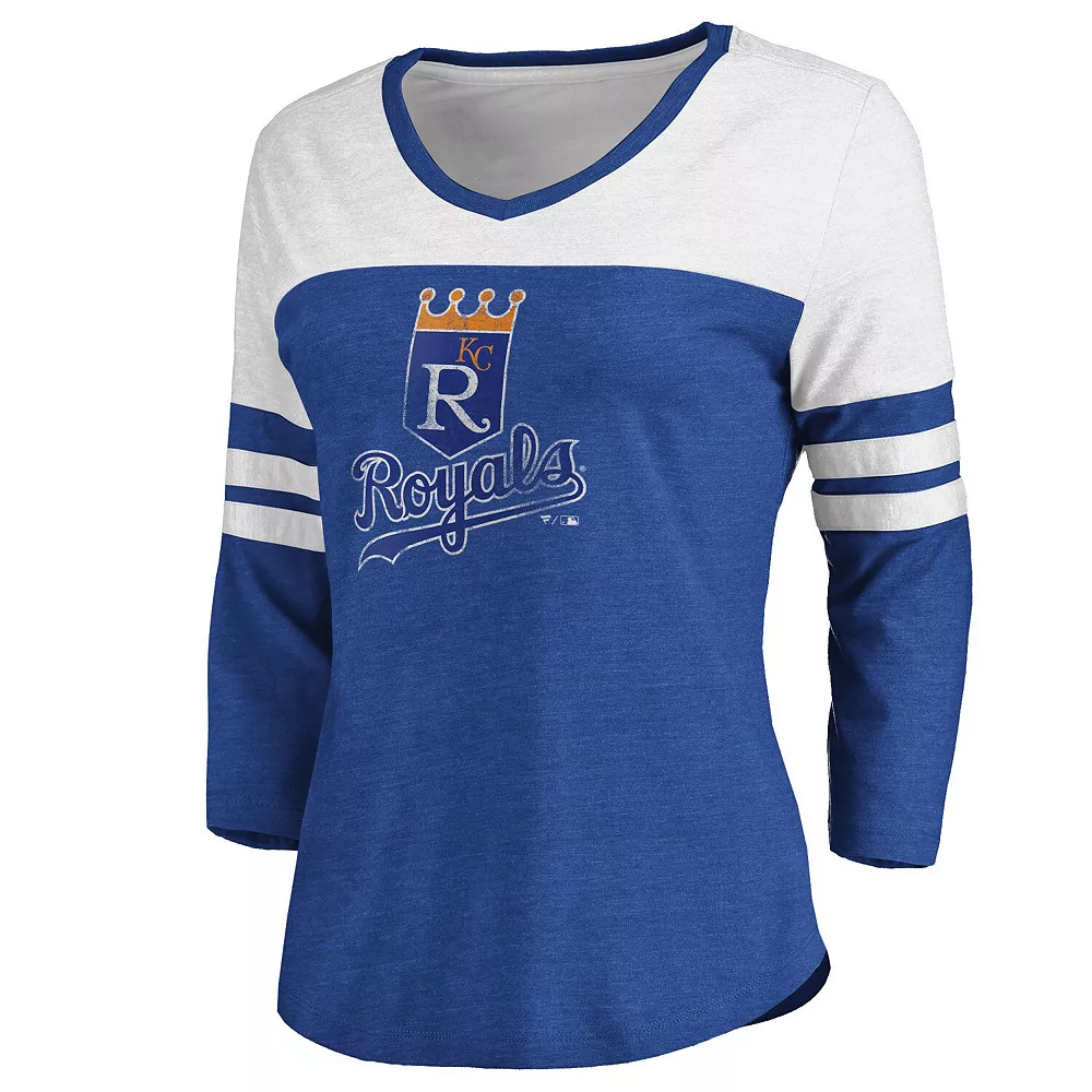 Women's Fanatics Branded Heathered Royal/White Kansas City Royals Two-Toned Distressed Cooperstown Collection Tri-Blend 3/4-Sleeve V-Neck T-Shirt 5 Women's Fanatics Branded Heathered Royal/White Kansas City Royals Two-Toned Distressed Cooperstown Collection Tri-Blend 3/4-Sleeve V-Neck T-Shirt - Image 3