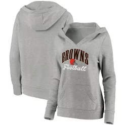 Women's Fanatics Branded Heathered Gray Cleveland Browns Team Victory Script Crossover V-Neck Pullover Hoodie