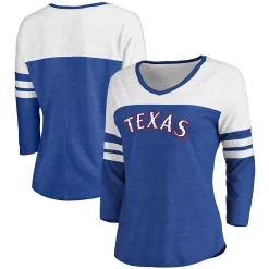 Women's Fanatics Branded Heathered Royal/White Texas Rangers Official Wordmark 3/4 Sleeve V-Neck T-Shirt -Fanatics Clothing Shop 4766560 ALT