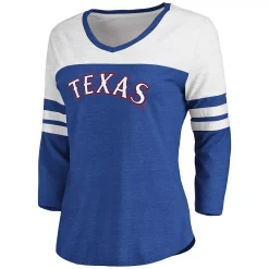 Women's Fanatics Branded Heathered Royal/White Texas Rangers Official Wordmark 3/4 Sleeve V-Neck T-Shirt -Fanatics Clothing Shop 4766560 ALT2