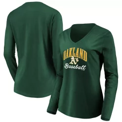 Women's Fanatics Branded Green Oakland Athletics Victory Script V-Neck Long Sleeve T-Shirt