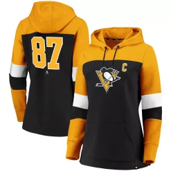 Women's Fanatics Branded Sidney Crosby Black/Gold Pittsburgh Penguins Heavy Block Pullover Hoodie