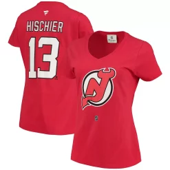 Women's Fanatics Branded Nico Hischier Red New Jersey Devils Name & Number Logo V-Neck T-Shirt
