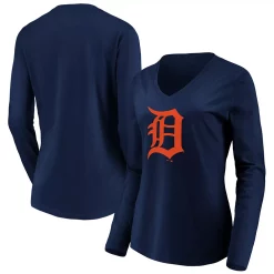 Women's Fanatics Branded Navy Detroit Tigers Official Logo Long Sleeve V-Neck T-Shirt