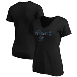 Women's Fanatics Branded Black Miami Marlins Team Logo Lockup V-Neck T-Shirt