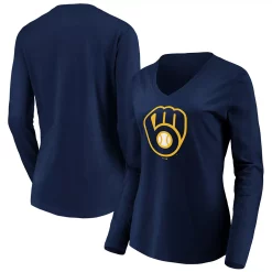 Women's Fanatics Branded Navy Milwaukee Brewers Official Logo Long Sleeve V-Neck T-Shirt -Fanatics Clothing Shop 5039789 ALT