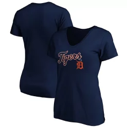 Women's Fanatics Branded Navy Detroit Tigers Team Logo Lockup V-Neck T-Shirt