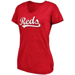 Women's Fanatics Branded Heathered Red Cincinnati Reds Wordmark Tri-Blend V-Neck T-Shirt -Fanatics Clothing Shop 5051422 ALT2