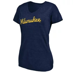 Women's Fanatics Branded Heathered Navy Milwaukee Brewers Wordmark Tri-Blend V-Neck T-Shirt -Fanatics Clothing Shop 5051727 ALT2