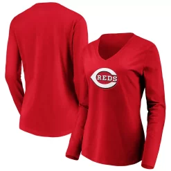 Women's Fanatics Branded Red Cincinnati Reds Official Logo Long Sleeve V-Neck T-Shirt