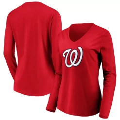 Women's Fanatics Branded Red Washington Nationals Official Logo Long Sleeve V-Neck T-Shirt