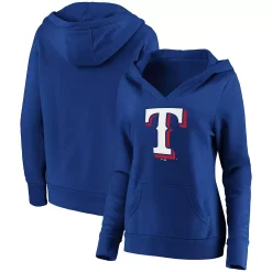 Women's Fanatics Branded Royal Texas Rangers Official Logo Crossover V-Neck Pullover Hoodie