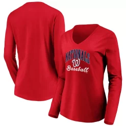 Women's Fanatics Branded Red Washington Nationals Victory Script V-Neck Long Sleeve T-Shirt