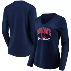 Women's Fanatics Branded Navy Cleveland Indians Victory Script V-Neck Long Sleeve T-Shirt