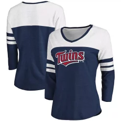 Women's Fanatics Branded Heathered Navy/White Minnesota Twins Official Wordmark 3/4 Sleeve V-Neck Tri-Blend T-Shirt