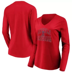 Women's Fanatics Branded Red Los Angeles Angels Victory Script V-Neck Long Sleeve T-Shirt