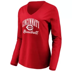 Women's Fanatics Branded Red Cincinnati Reds Victory Script V-Neck Long Sleeve T-Shirt -Fanatics Clothing Shop 5085161 ALT2