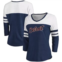 Women's Fanatics Branded Heathered Navy/White Detroit Tigers Official Wordmark 3/4 Sleeve V-Neck Tri-Blend T-Shirt -Fanatics Clothing Shop 5085321 ALT