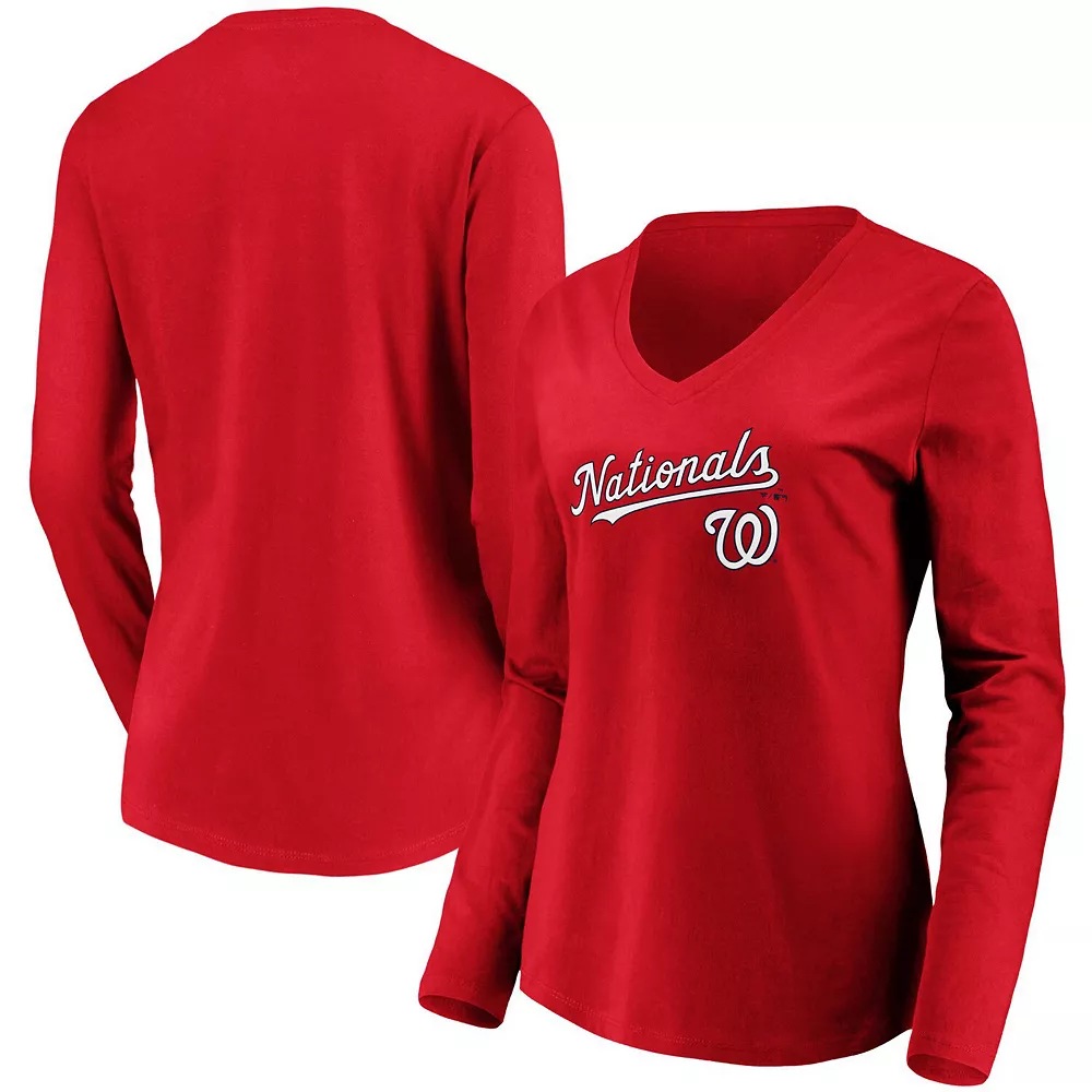 Women's Fanatics Branded Red Washington Nationals Core Team Lockup Long Sleeve V-Neck T-Shirt 3 Women's Fanatics Branded Red Washington Nationals Core Team Lockup Long Sleeve V-Neck T-Shirt