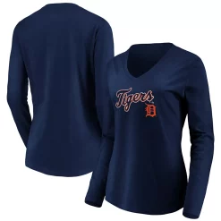 Women's Fanatics Branded Navy Detroit Tigers Core Team Lockup Long Sleeve V-Neck T-Shirt
