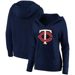 Women's Fanatics Branded Navy Minnesota Twins Official Logo Crossover V-Neck Pullover Hoodie