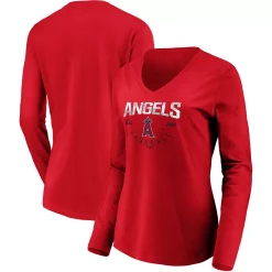 Women's Fanatics Branded Red Los Angeles Angels Core Live For It V-Neck Long Sleeve T-Shirt
