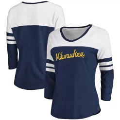 Women's Fanatics Branded Heathered Navy/White Milwaukee Brewers Official Wordmark 3/4 Sleeve V-Neck Tri-Blend T-Shirt -Fanatics Clothing Shop 5101151 ALT