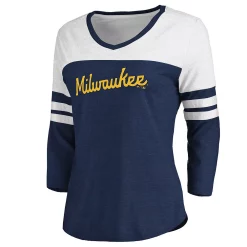 Women's Fanatics Branded Heathered Navy/White Milwaukee Brewers Official Wordmark 3/4 Sleeve V-Neck Tri-Blend T-Shirt -Fanatics Clothing Shop 5101151 ALT2