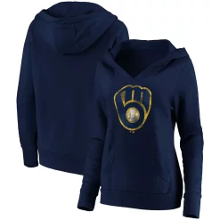 Women's Fanatics Branded Navy Milwaukee Brewers Core Team Crossover V-Neck Pullover Hoodie
