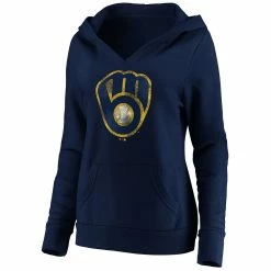 Women's Fanatics Branded Navy Milwaukee Brewers Core Team Crossover V-Neck Pullover Hoodie -Fanatics Clothing Shop 5101370 ALT2