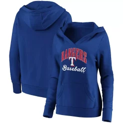 Women's Fanatics Branded Royal Texas Rangers Victory Script Crossover Neck Pullover Hoodie