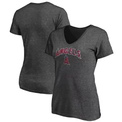 Women's Fanatics Branded Heathered Charcoal Los Angeles Angels Team Logo Lockup V-Neck T-Shirt