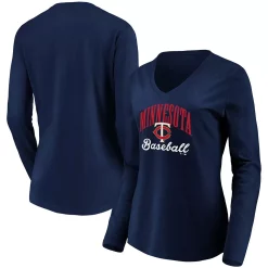 Women's Fanatics Branded Navy Minnesota Twins Victory Script V-Neck Long Sleeve T-Shirt