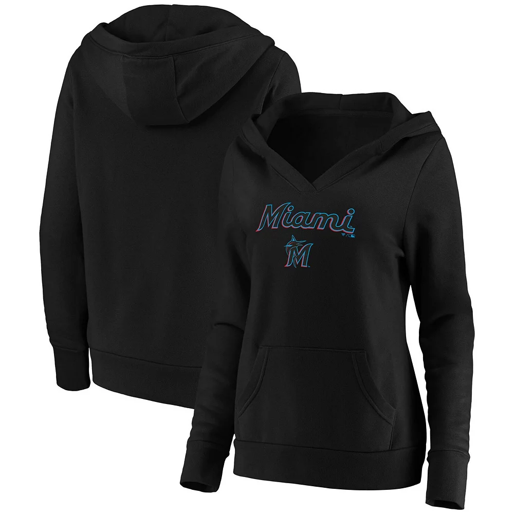 Women's Fanatics Branded Black Miami Marlins Core Team Lockup V-Neck Pullover Hoodie 3 Women's Fanatics Branded Black Miami Marlins Core Team Lockup V-Neck Pullover Hoodie