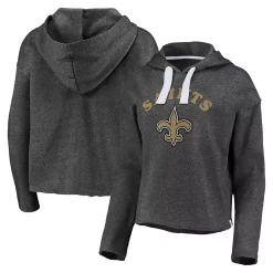 Women's Fanatics Branded Heathered Charcoal New Orleans Saints Historic Logo Sport Resort Vintage Arc Cropped Raw Edge Pullover Hoodie