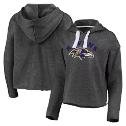 Women's Fanatics Branded Heathered Charcoal Baltimore Ravens Historic Logo Sport Resort Vintage Arc Cropped Raw Edge Pullover Hoodie