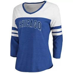 Women's Fanatics Branded Heathered Royal/White Chicago Cubs Official Wordmark 3/4 Sleeve V-Neck T-Shirt -Fanatics Clothing Shop 5252183 ALT2