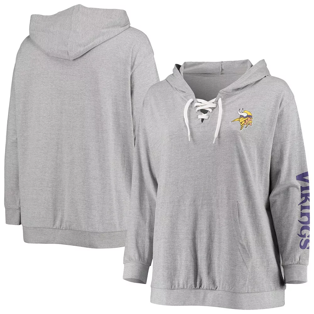 Women's Fanatics Branded Heathered Gray Minnesota Vikings Plus Size Lace-Up Pullover Hoodie 3 Women's Fanatics Branded Heathered Gray Minnesota Vikings Plus Size Lace-Up Pullover Hoodie