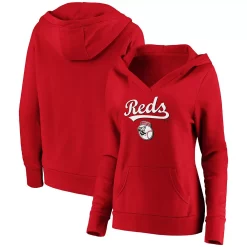 Women's Fanatics Branded Red Cincinnati Reds Core Team Lockup V-Neck Pullover Hoodie