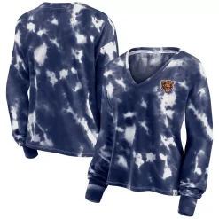 Women's Fanatics Branded White/Navy Chicago Bears Sport Resort Tie-Dye V-Neck Long Sleeve T-Shirt