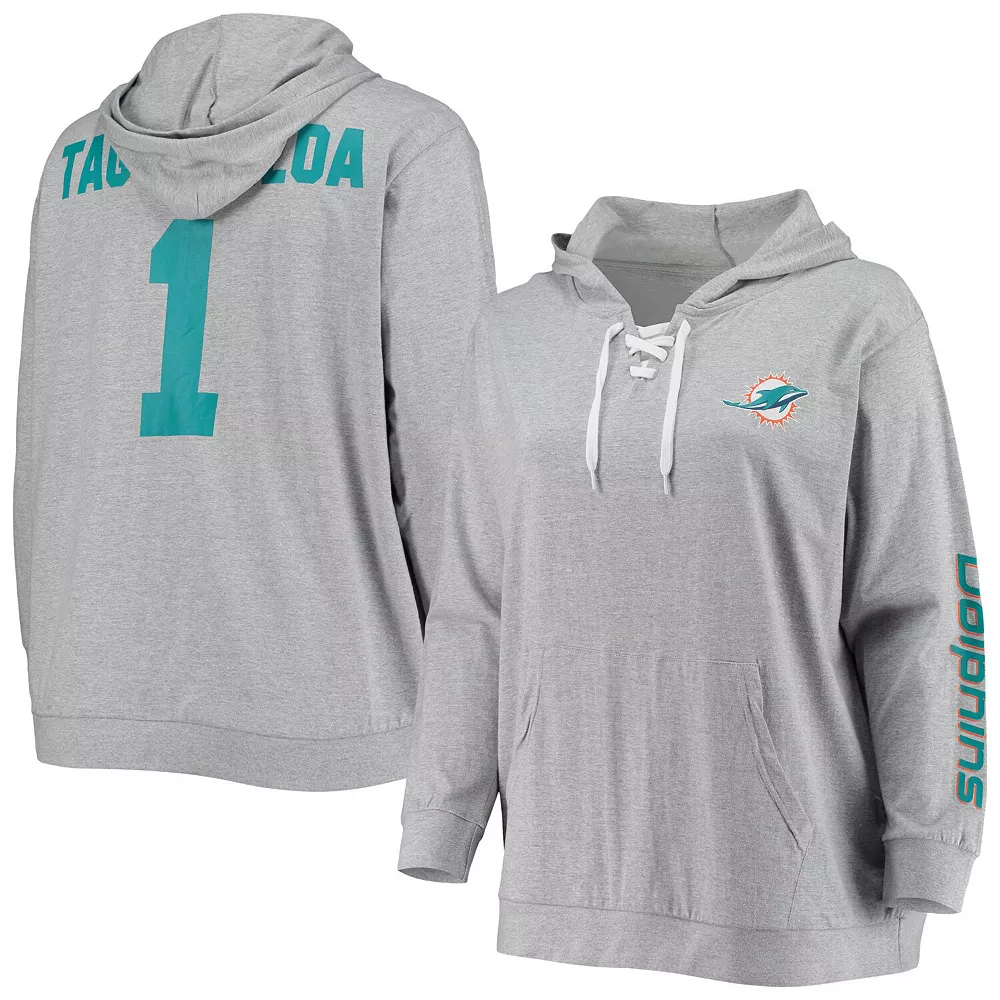 Women's Fanatics Branded Tua Tagovailoa Heathered Gray Miami Dolphins Plus Size Player Name & Number Laced V-Neck Pullover Hoodie 4 Women's Fanatics Branded Tua Tagovailoa Heathered Gray Miami Dolphins Plus Size Player Name & Number Laced V-Neck Pullover Hoodie - Image 2